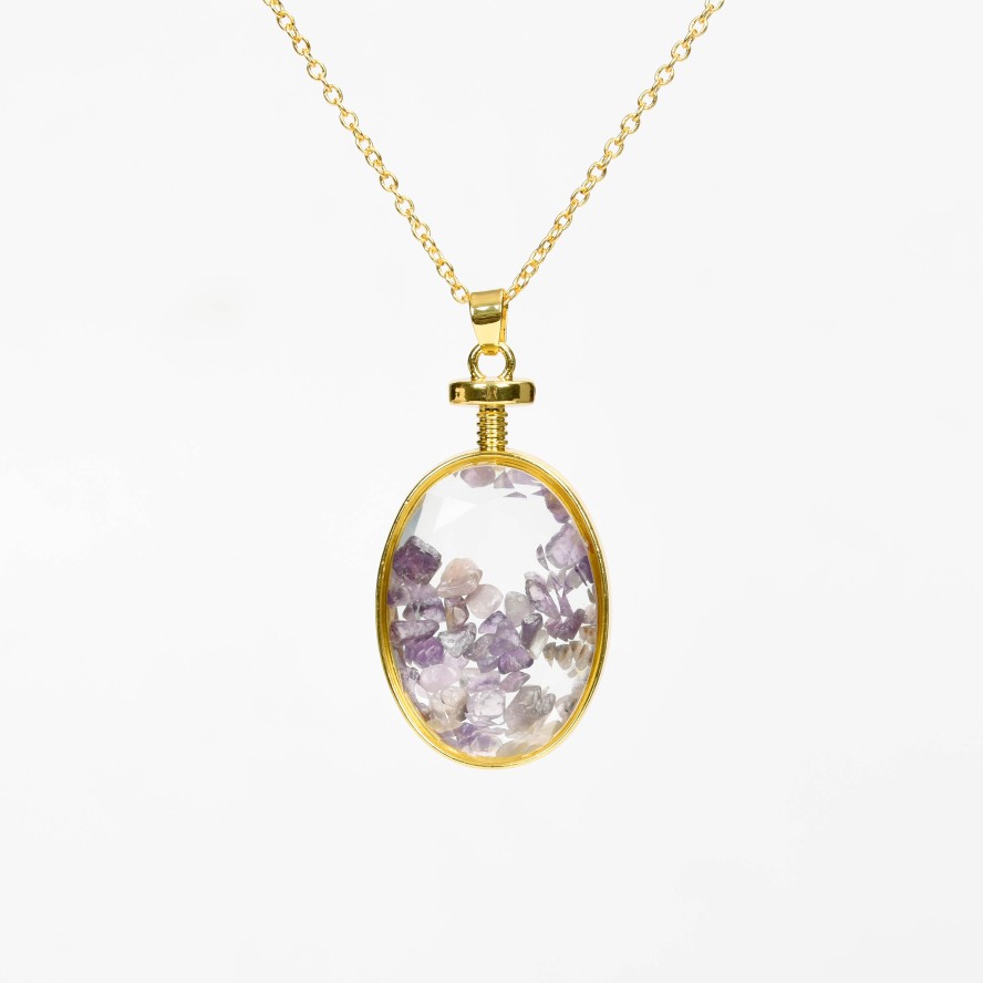 Crystal Chips In Oval Glass Pendant Necklace